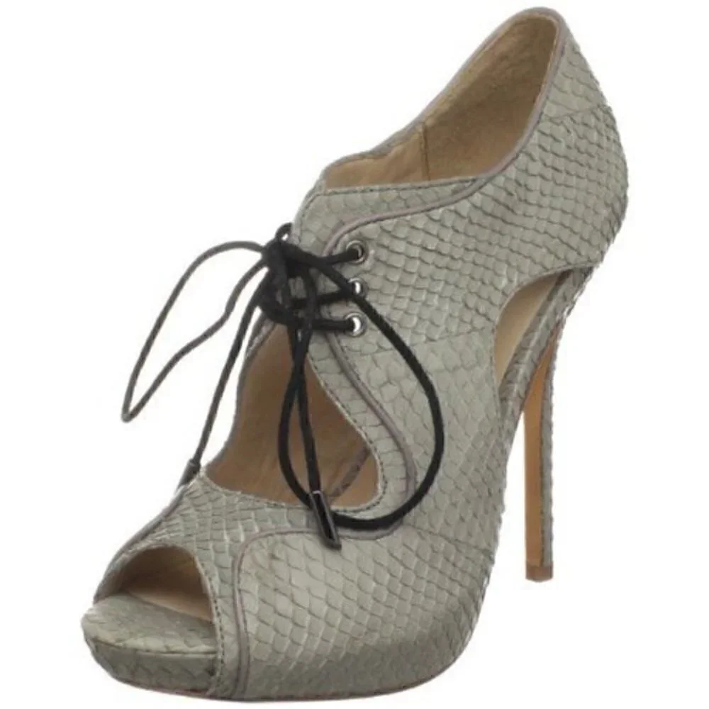Pour La Victoire Heeled Ankle Booties 8 Rima Snakeskin Lace Up Taupe Cocktail
